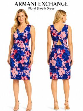 Armani Exchange Floral Sheath Dress Women Blue Pink Sleeveless Cutout Back Sz 14